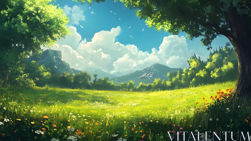 Sunlit meadow with wildflowers under bright summer sky.