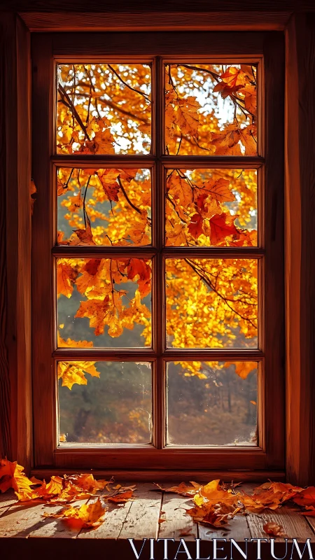 Golden autumn leaves glow warmly beyond rustic window