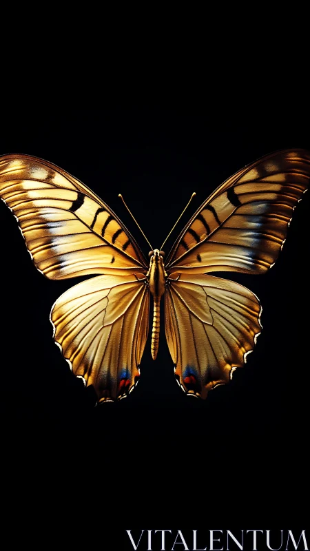 Golden butterfly rendered with high-gloss specular highlights on black