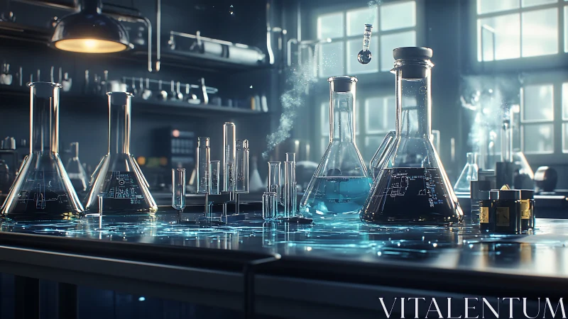 Sunlit laboratory glassware glowing with curious blue light.