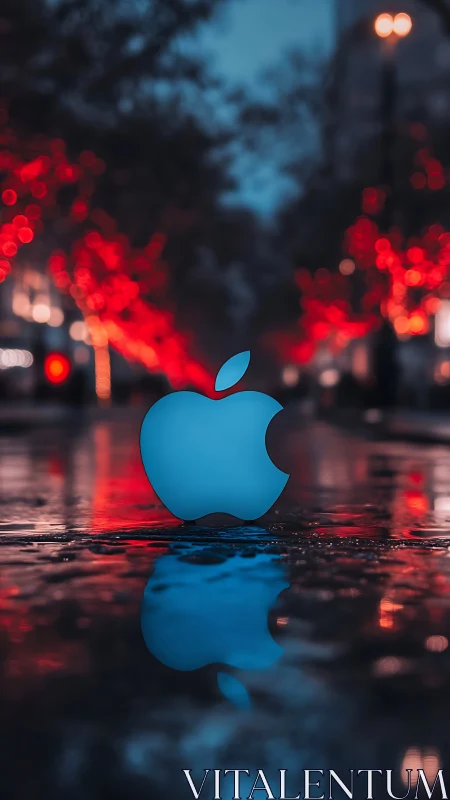 Blue Apple Logo Rain Reflections Urban Dusk.