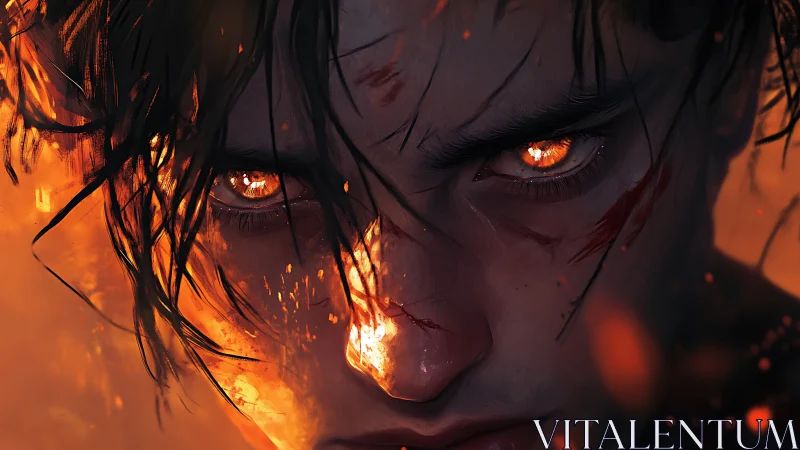 Firelit gaze of a fierce, unbroken spirit in the dark.