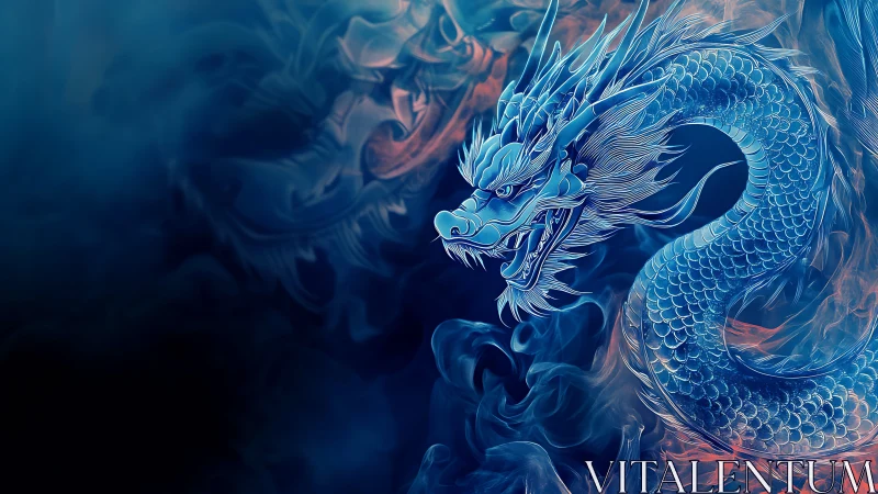Cerulean oriental dragon coiled in luminous ethereal smoke.