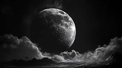 Brooding moonrise above a stormy charcoal cloud ocean.