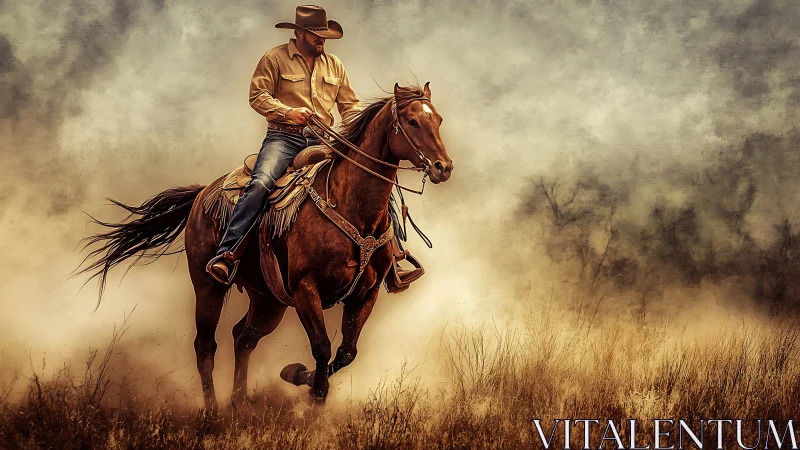 Cowboy on galloping bay horse in dusty prairie atmosphere
