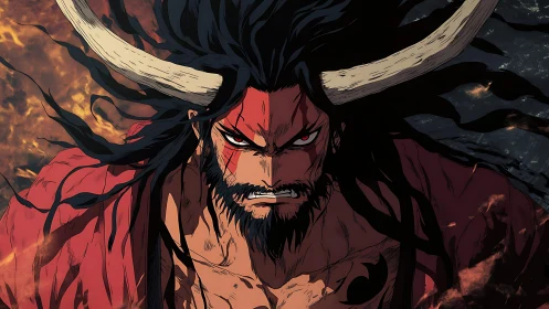 Horned warrior unleashes fierce power amid raging flames.