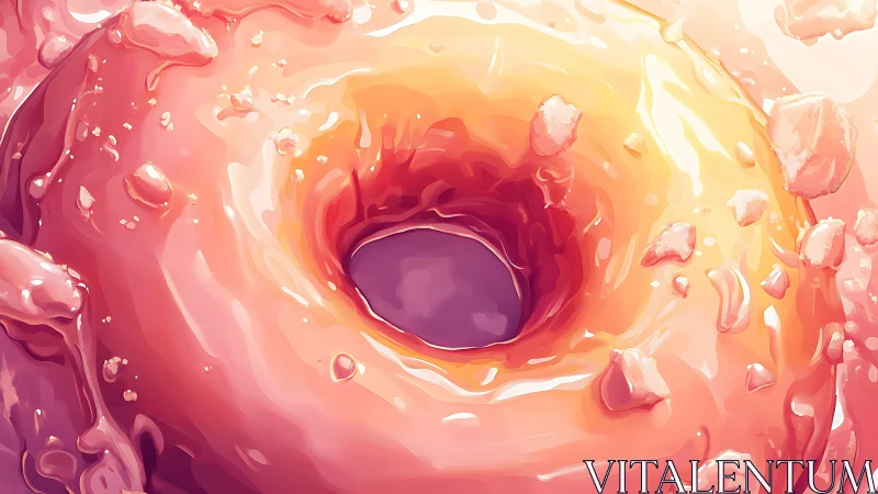 Glazed donut vortex with molten pastel icing and crumbs.