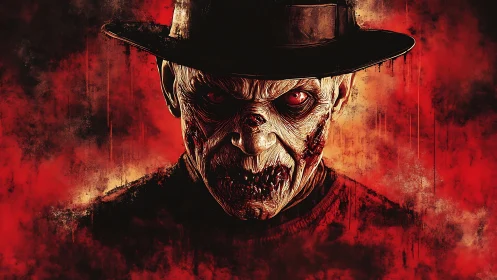 Grotesque undead figure in hat amid burning crimson mist.