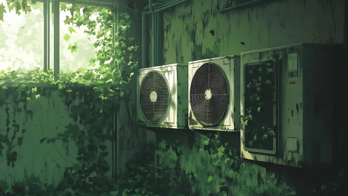 Air conditioning units on ivy covered interior wall stand idle
