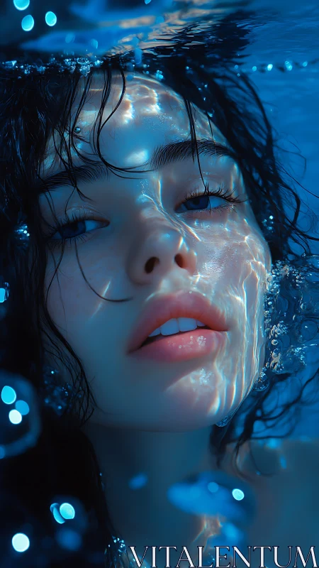 Underwater portrait captures luminous skin and drifting hair.
