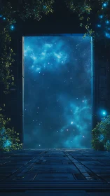Starlit gateway blooms between steel corridors and cosmos.