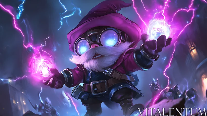Gnome mage in goggles channels purple lightning energy.