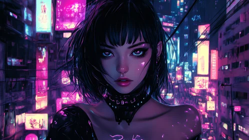 Cyberpunk portrait of woman in neon city street at night.