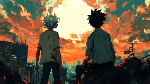 Sunset city skyline welcomes two quiet friends home