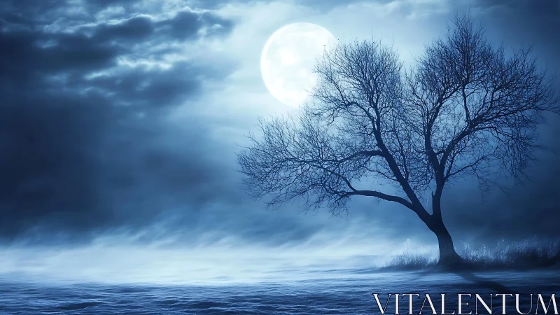 Gentle moonlit tree resting under a dreamy winter sky.