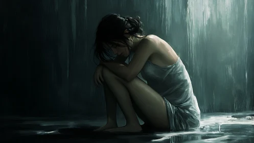Woman sitting alone on wet floor in dim, moody light.