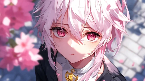Melancholic pink-haired anime portrait under soft cherry bloom