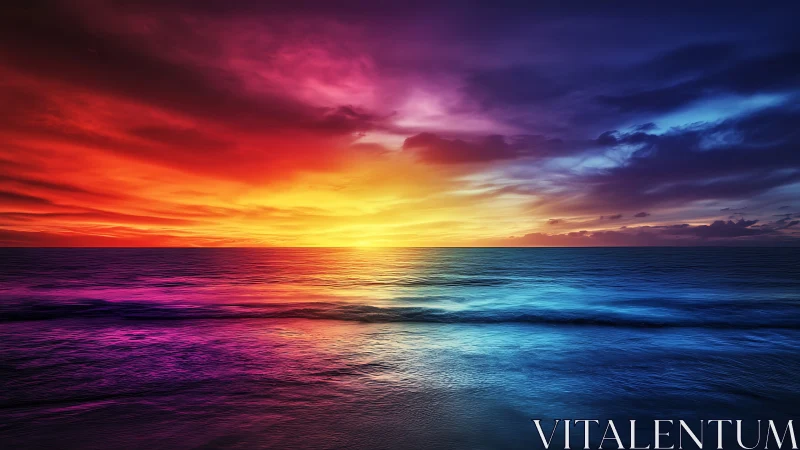 Vibrant multicolor ocean sunset ignites the dramatic sky.