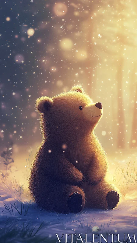 Gentle bear cub enjoys a glowing winter snowfall moment