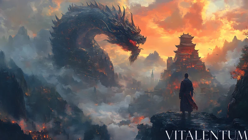 Sunset-scaled dragon bends toward the lone cliffside wanderer