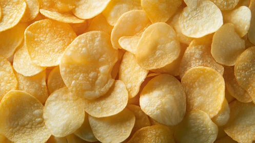 Crisp golden potato chips in tight overlapping pile.