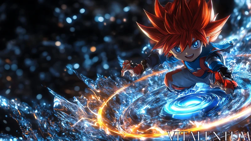 Anime hero rides blazing water vortex in dynamic motion.
