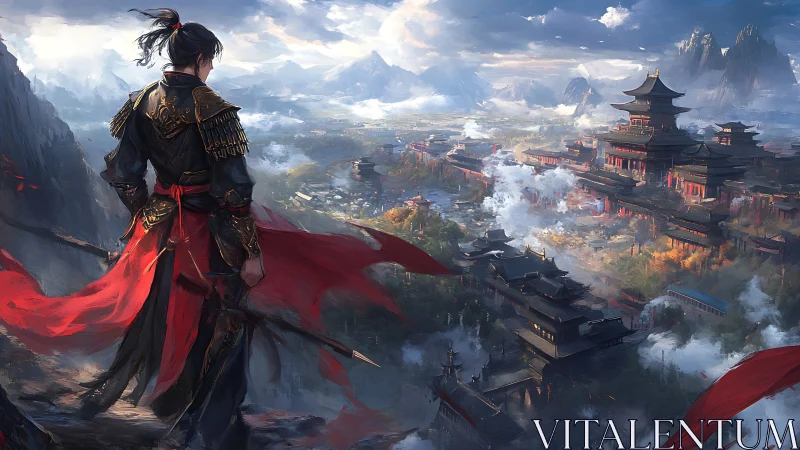 Armored warrior surveys expansive mist-laden imperial citadel