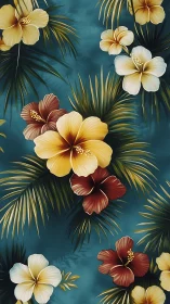 Tropical Hibiscus Botanical Composition with Deep Teal Background