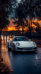 White sports car on wet road at sunset under trees.