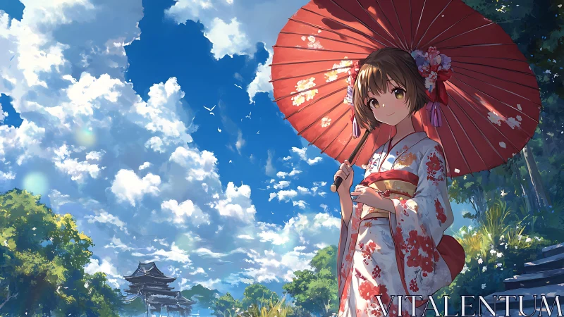 Girl in floral kimono holds red parasol under bright sky