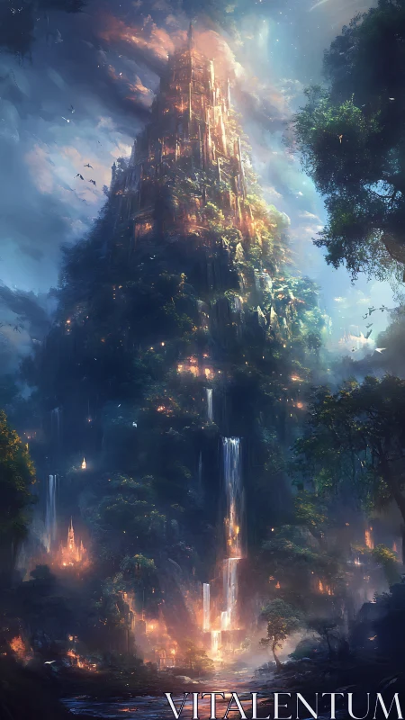 Towering bioluminescent jungle citadel rises through mist