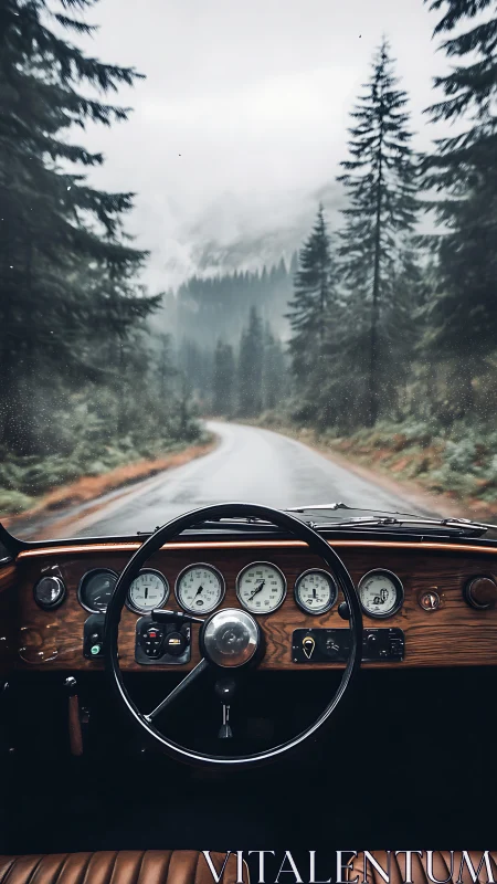 Vintage car cockpit frames misty forest mountain road