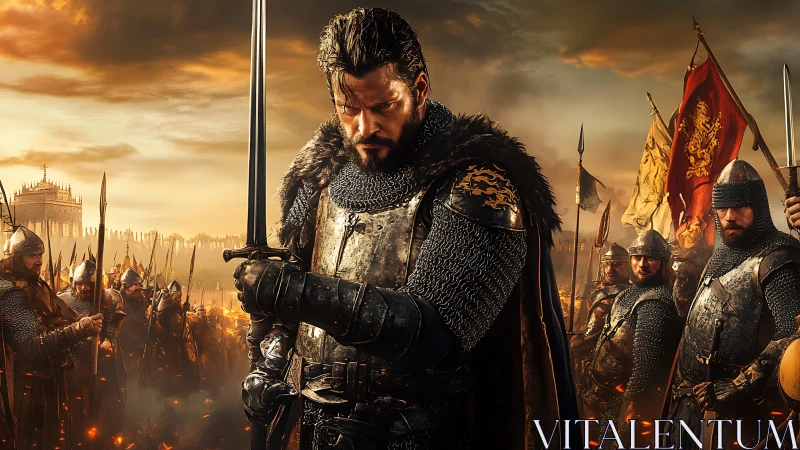 Medieval warlord in steel plate armor before battle lines.