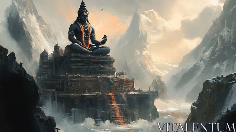 Colossal mountain temple with monumental meditating deity figure.