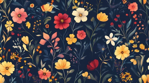 Botanical illustration against navy ground with radiant blooms.