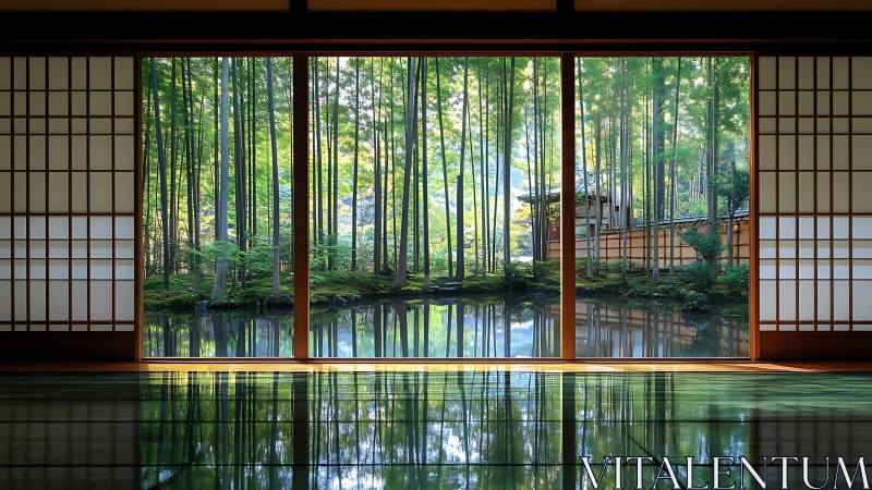 Interior view of tatami room with bamboo grove reflection.