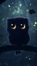 Small stylized owl sits on a branch in low light woodland