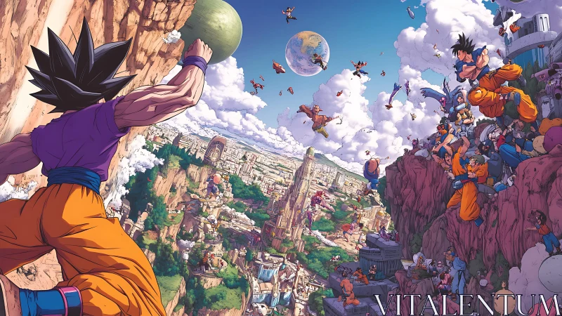 Martial artists clash above canyon city under vivid sky