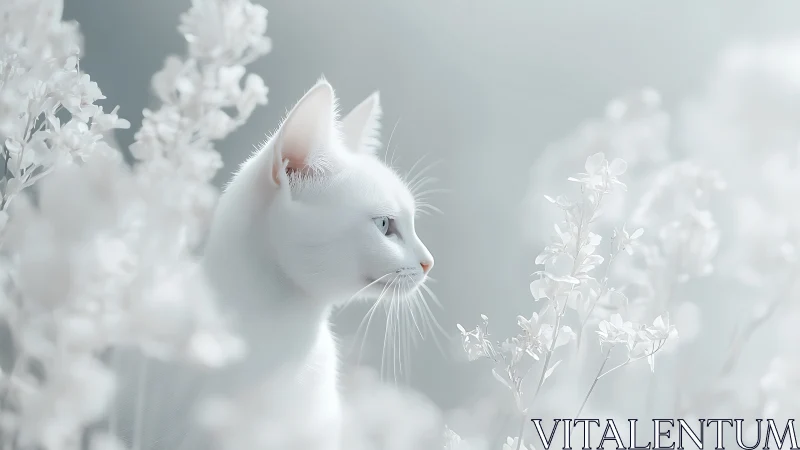White Cat Profile Among Luminous Flowers.