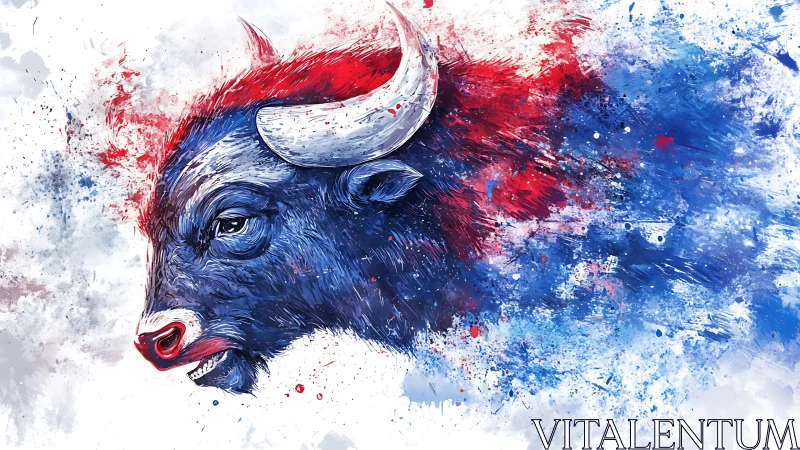 Storm-charged bison erupts in red and blue paintfire.