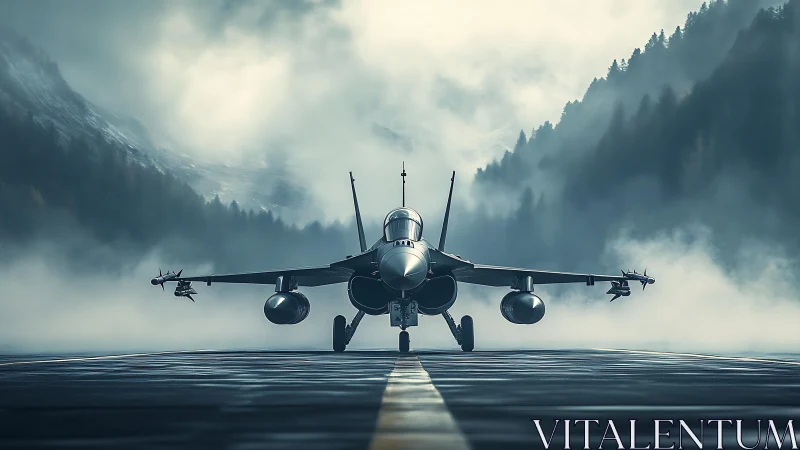 Stealth fighter jet waits on misty runway amid mountain fog