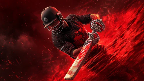 Cricket batter swings aggressively against stylized red background