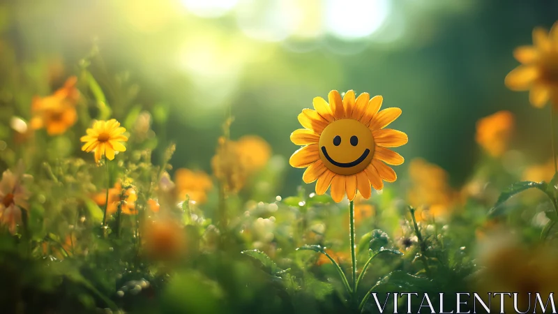 Yellow Daisy with Drawn Smiley Face Among Wildflower Field.