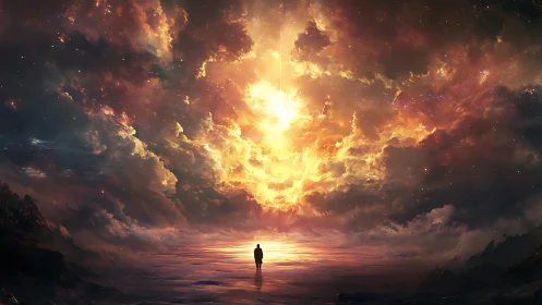 Backlit solitary figure under turbulent volumetric nebula sky