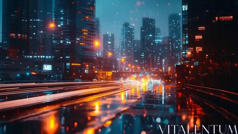 Rain-soaked futuristic city street glows with neon traffic