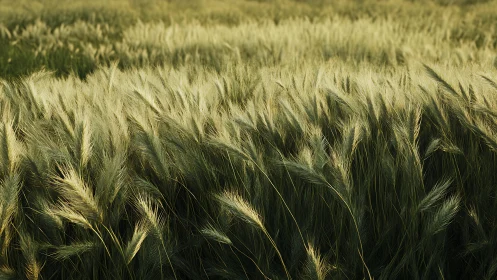 Sunlit barley field waves under soft golden evening breeze.