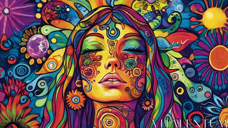 Psychedelic feminine portrait in vivid chromatic abstraction.