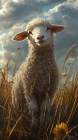 Curly lamb smiling softly in a sunlit golden meadow.