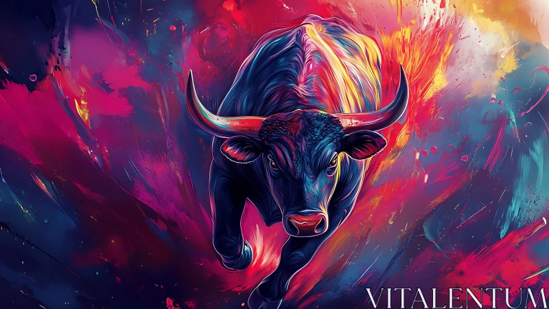 Digitally rendered bull advances through abstract color field