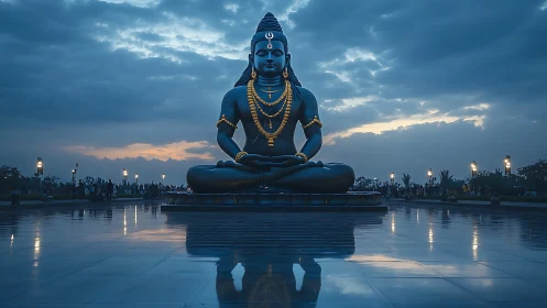 Monumental blue Shiva statue at dusk with reflective forecourt